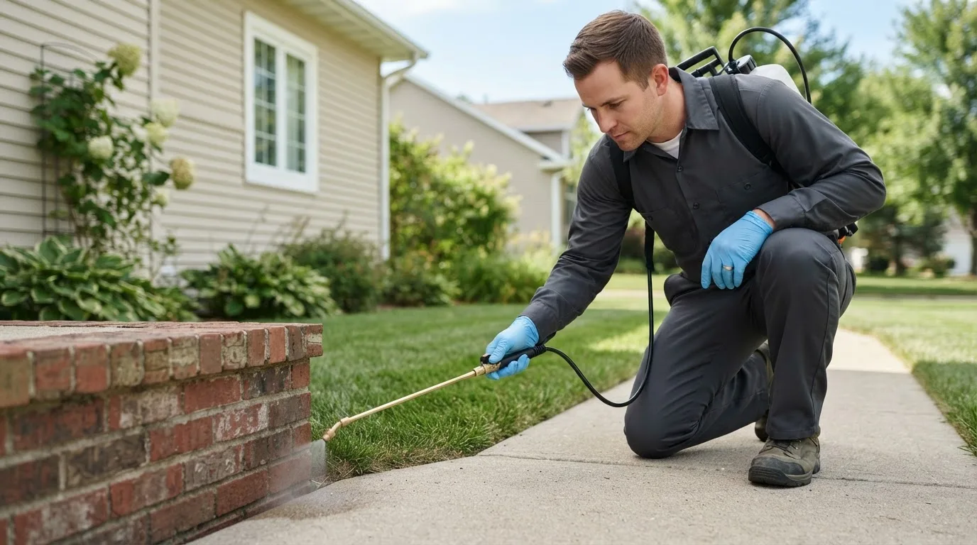 Pest control technician treating a home near Benson, MN